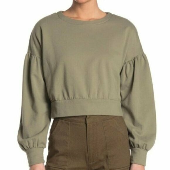 Abound Womens Olive Green Puff Sleeve Cropped Pullover Sweatshirt - Picture 1 of 5